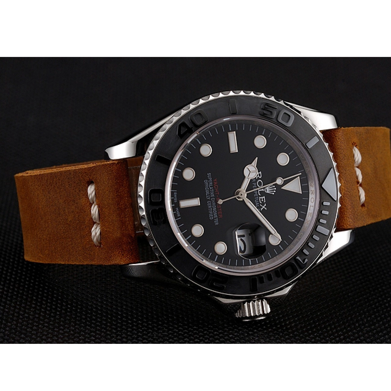 Best AAA Replica Sites Brown Case Leather Master Rolex Yacht Bracelet 1453859 Dial Silver Black 0713
